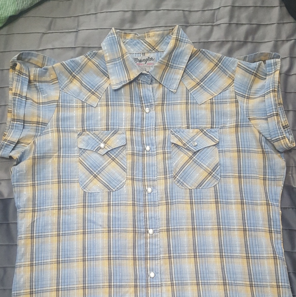 Wrangler Wrancher sky blue/yellow plaid pearl snap